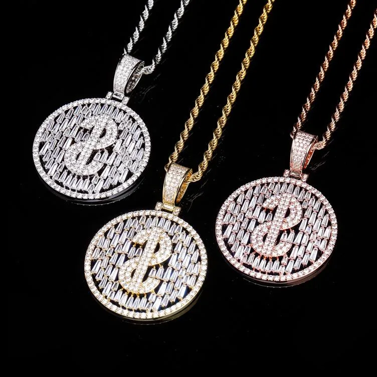 18K Gold Plated Bling Bling Cubic Zirconia Mens US Dollar Sign Round Pendant Necklace Masculina Bijoux Hip Hop Rapper Jewelry Gifts for Guys