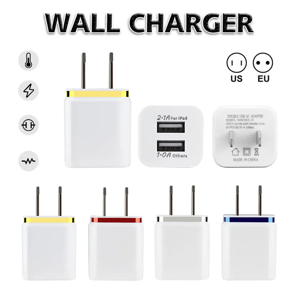 Universal Dual Ports Väggladdare USA EU-kontakt Reseadapter 5V 2.1A Bekväm strömadapter med två USB-portar för iOS Android-mobiltelefoner utan paket