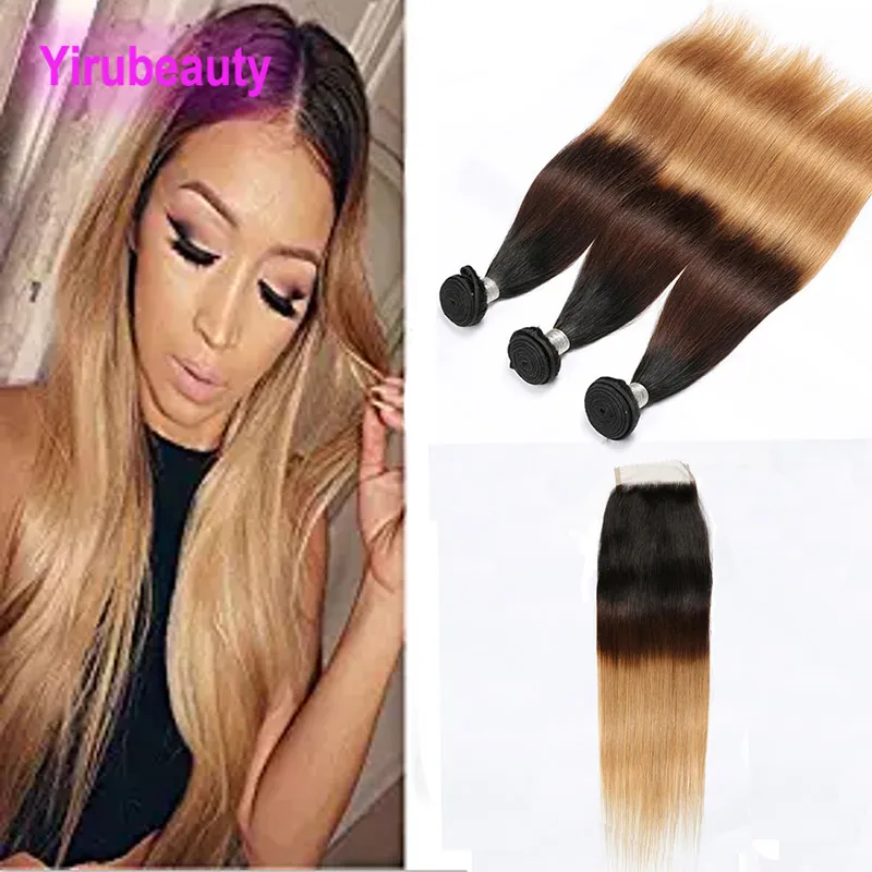 Brazilian Virgin Hair 1B/4/27 Ombre Human Hair Double Wefts 3 Bundles With 4X4 Lace Closure 4Pieces/lot