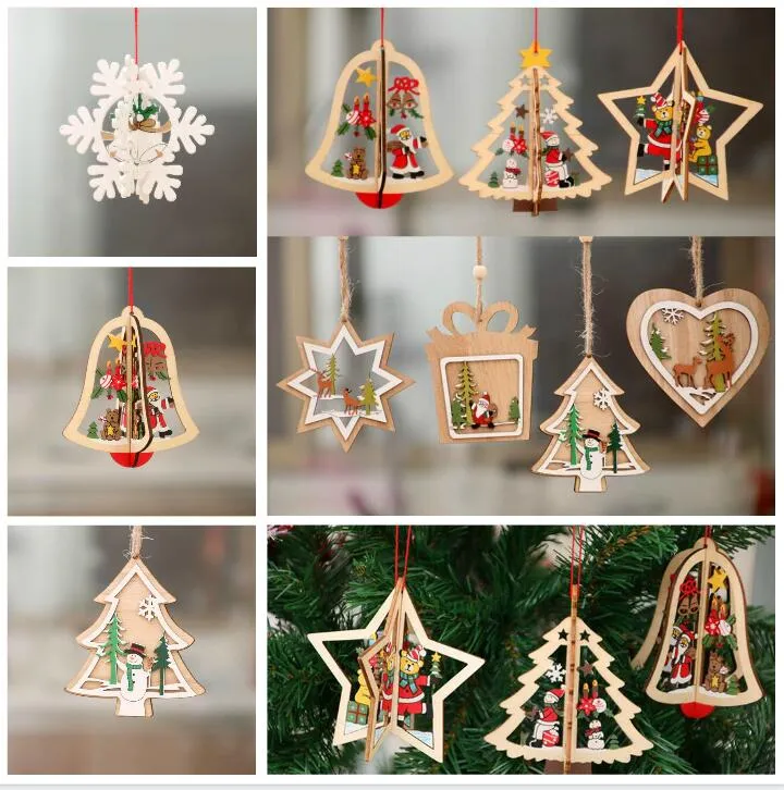 3d de madeira diy árvore de natal pendurado ornamentos pingente sinos santa claus ano novo decoração decorações de Natal para casa