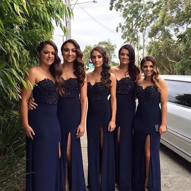 2021 Dark Navy Satin Bridesmaid Dresses Long High Split Sexy Backless Maid Of Honor Gowns Sweetheart Lace Wedding Guest Party Dress AL4157