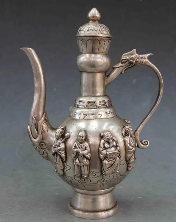 20,3 cm * /Théière à huit dragons immortels en cuivre antique chinois sculpté à la main