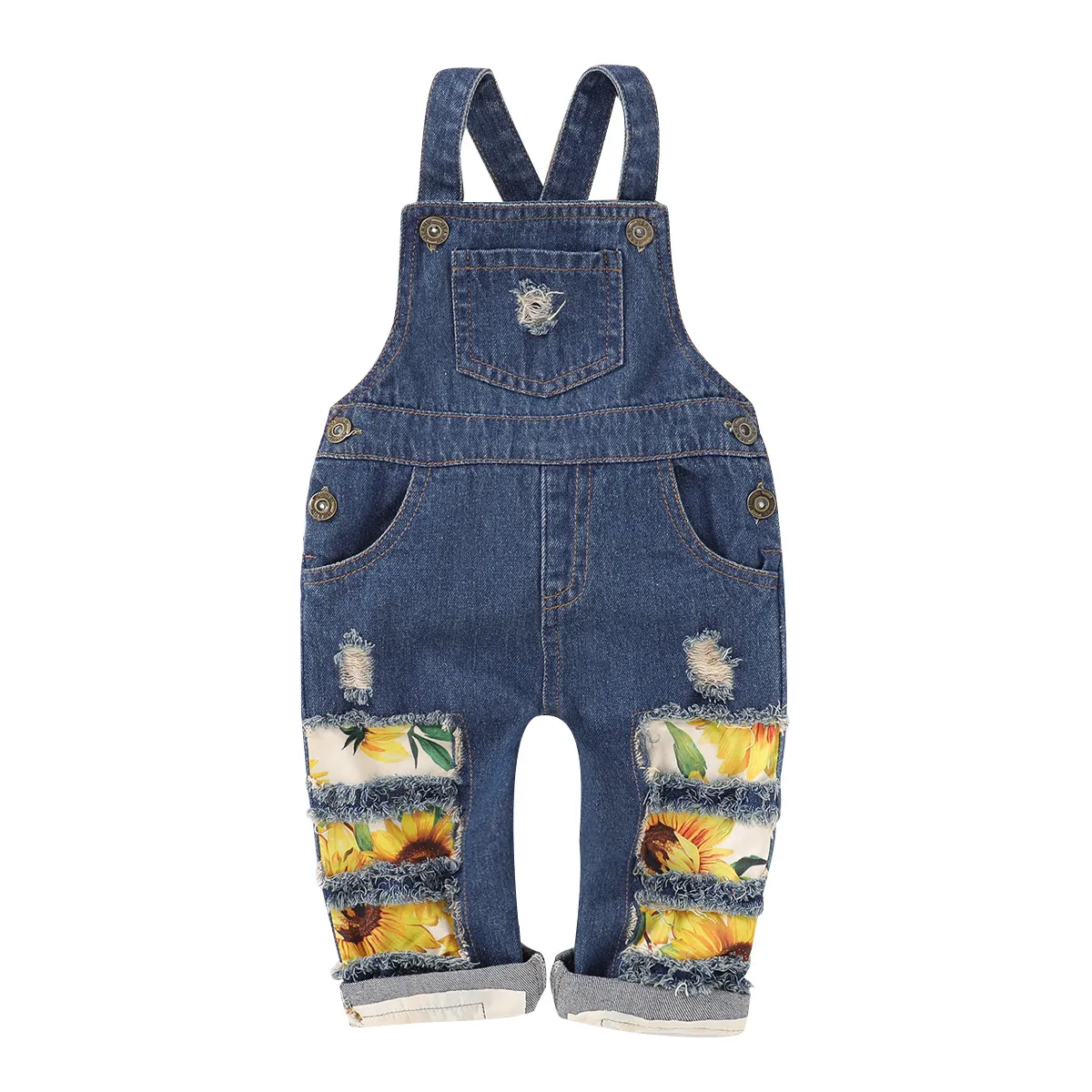Children Sunflower Denim Jumpsuit Summer Clothes Fashion Kids Suspender Jeans Broken Holes Pants Baby Overalls pant Girls Clothing M1882