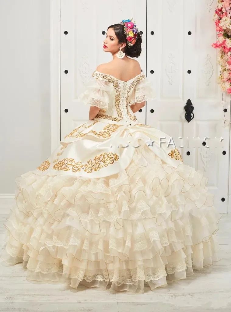 Ruffled Floral Charro Quinceanera Dress Off Shoulder Puffy Skirt Gold  Embroidery Beads Lace-up Back Sweep Train from Dhgate Quinceanera Dresses -  price 251.26