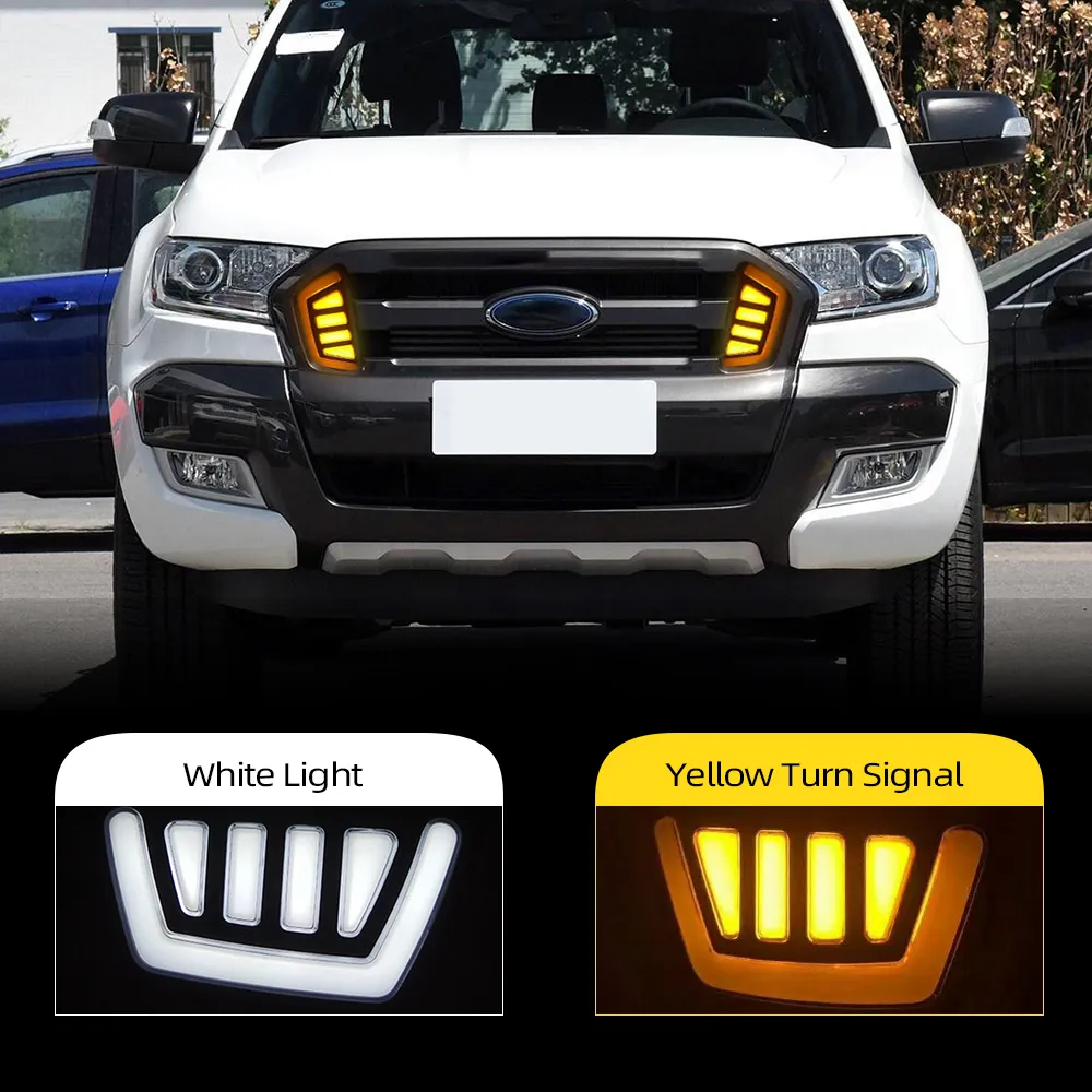 2pcs Pour Ford Ranger 2015 2016 2017 2018 LED d'éclairage diurne DRL Daylight feux antibrouillard avec clignotants GRILLES LAMP