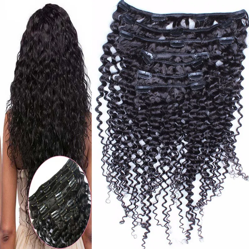 Brasilianische verworrene lockige Clip-in-Haarverlängerungen, 8 Stück/Set, 100 % unbehandeltes Echthaar, natürliche Farbe, 100 g/Set, Clip-in-Haarverlängerungen