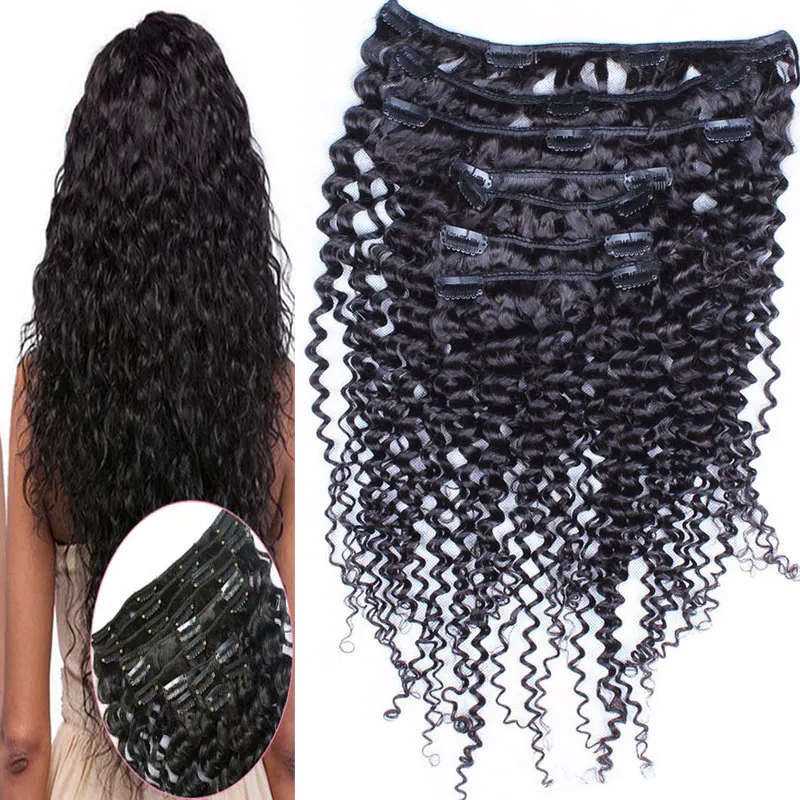 Brésilien Kinky Curly Clip Dans Les Extensions De Cheveux 8 Pièces / Set 100% Cheveux Humains Vierges Couleur Naturelle 100g / Set Clip Dans Les Extensions De Cheveux Humains