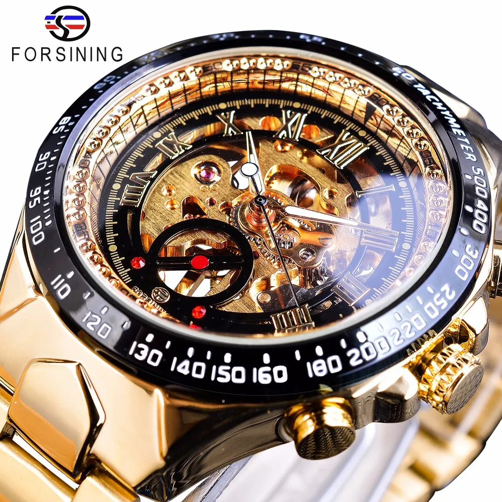 Cwp Forsining Orologi Acciaio inossidabile Serie classica Movimento dorato trasparente Steampunk Uomo Scheletro meccanico Top Brand