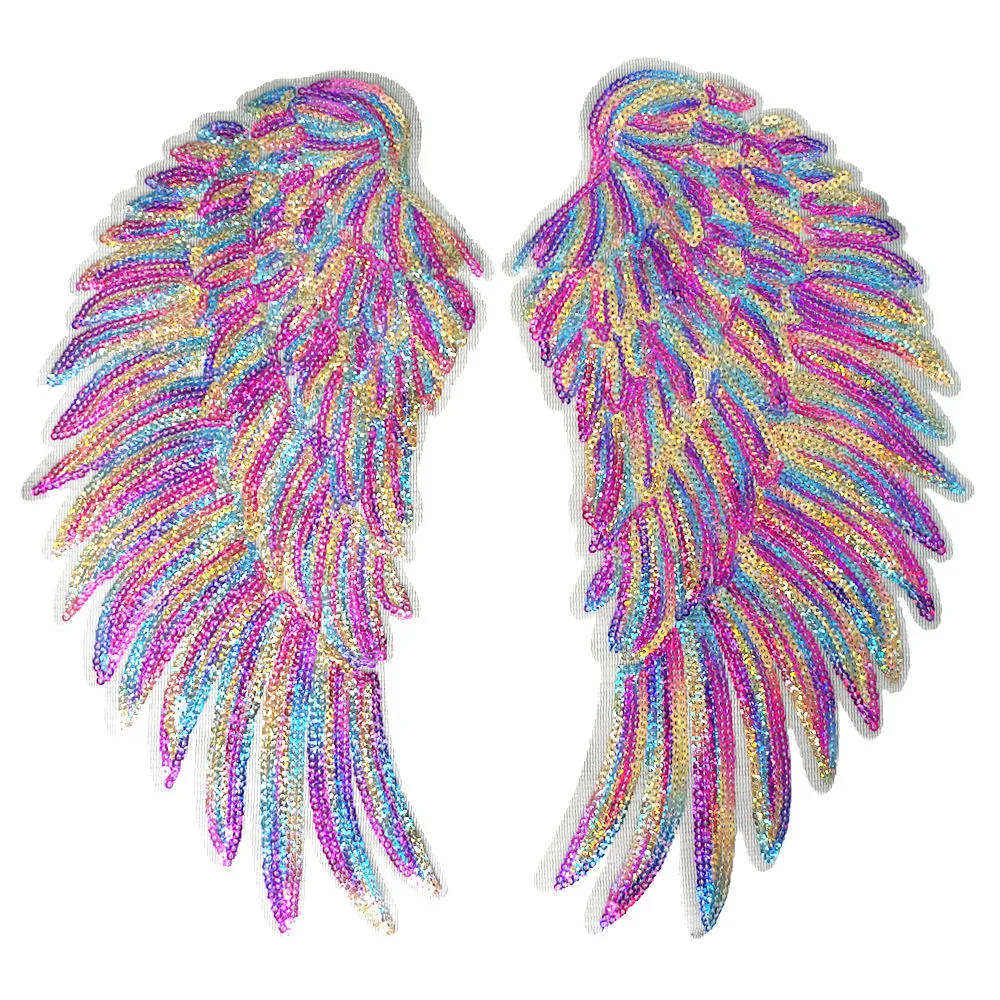 Gold Silver Rainbow Sequin Feather Angel Wings Sew Iron on Patches 33CM For Dress Jeans Shirt DIY Appliques Decoration