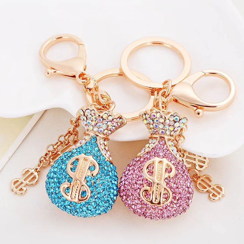 Crystal Keychains Jewelry Women Girls Rhinestone Bag Key Chains Ring Holder 미국 달러 디자인 금속 패션 펜던트 Charm 자동차 키 액세서리를위한 키 링