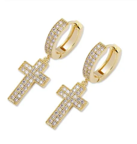 Zirkonia Bling Ice Out Kreuz Ohrring Gold Silber Kupfer Material Ohrringe für Männer Frauen Hip Hop Rock Schmuck