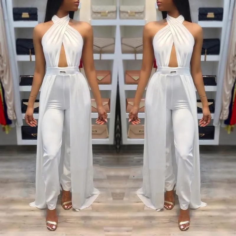 Mouwloze Halter Lange Jumpsuits Sexy Backless Wit Regelmatige Zomer Elegante Avond Party Night Club Play Suits Lady Jumpsuits