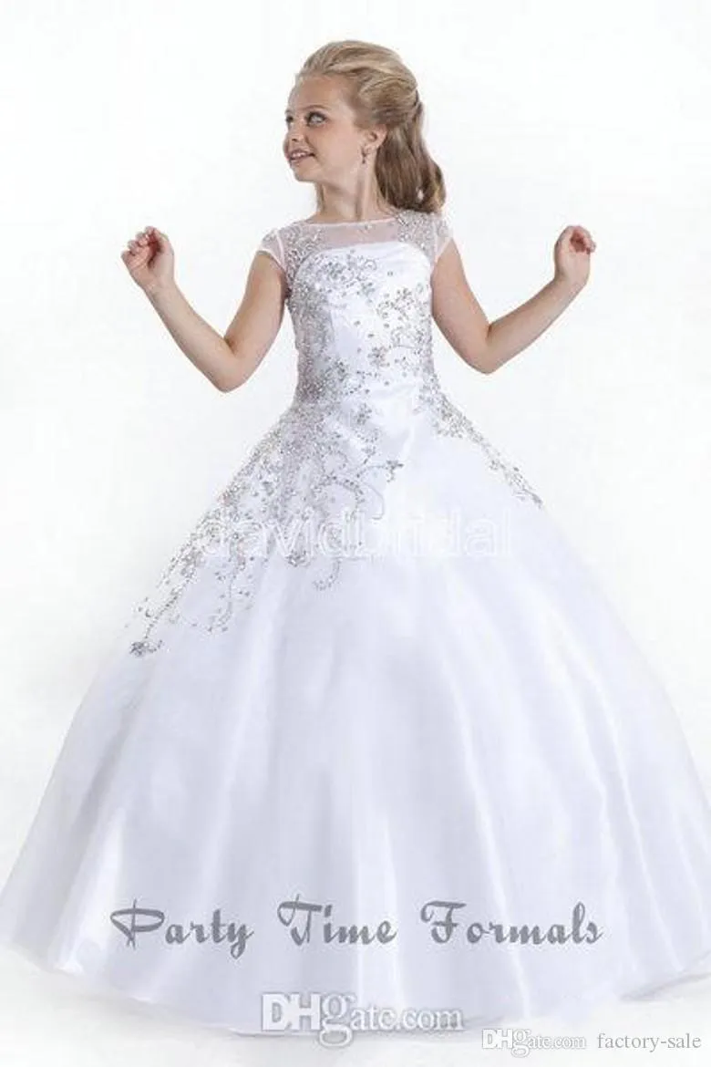 2020 branco barato mangas curtas flor meninas vestidos contas cristais jóia pescoço meninas pageant vestidos para meninas aniversário ba14300v
