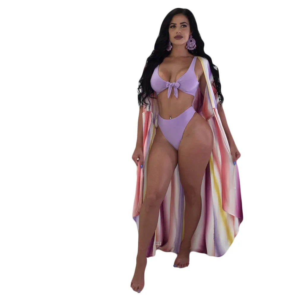 Costumi da bagno da donna 2021 Set bikini sexy a tre pezzi a righe viola Copricostume da donna Costume da bagno da bagno Beachwear
