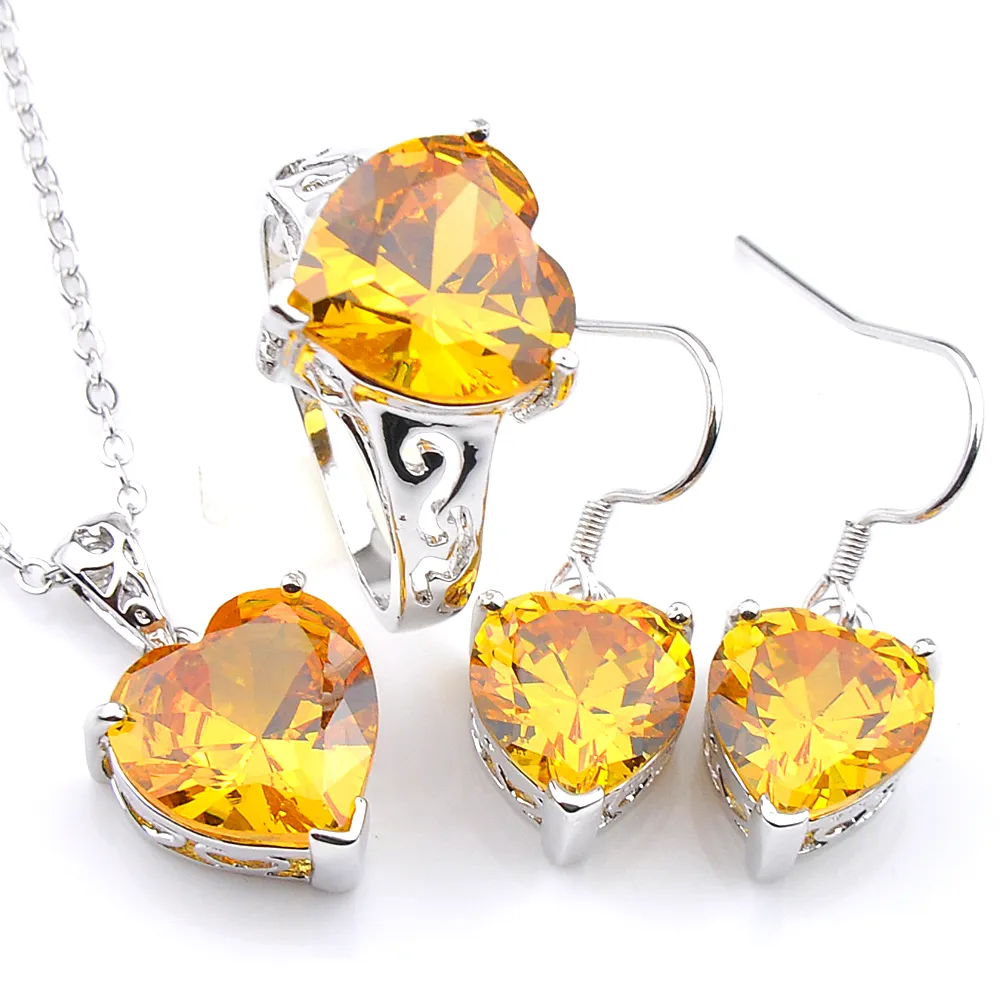 Luckyshine Mix 3 sztuk / partia Zaręczyny Zestaw Biżuterii Serce Yellow Topaz Cubic Cyrkonu Klejnoty 925 Srebrne Wisiorki Naszyjnik Kolczyk Ring Set