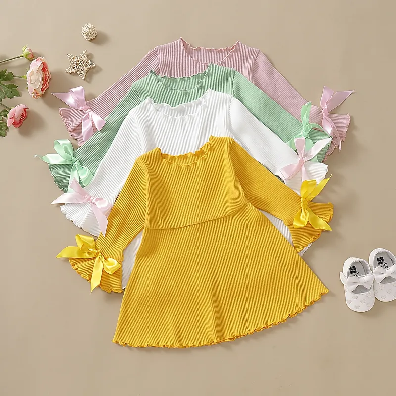 4 Colors Summer Kids Girls Solid Dress Article Pit Bow Flare Sleeve A-Line Princess Dresses Fashion Boutique Children Clothing M2220