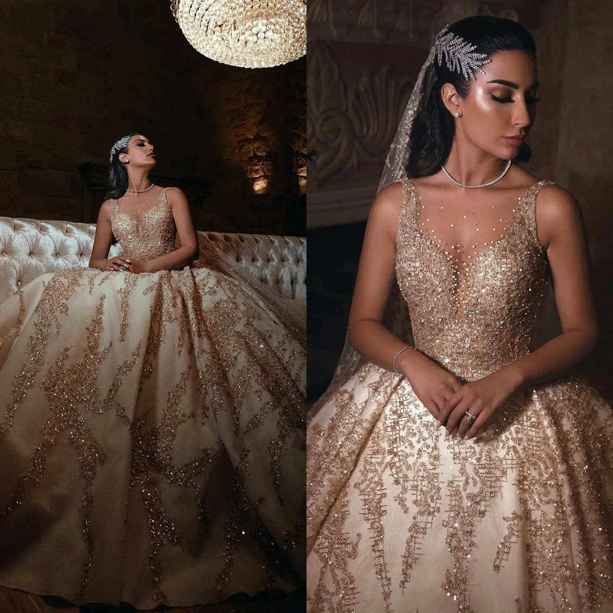 Luxe Champagne Vintage Trouwjurken 2019 Sheer Ronde Hals Kristallen Beaded Vestido de Novia Arabische lovertjes Bruidsjurken met sluier