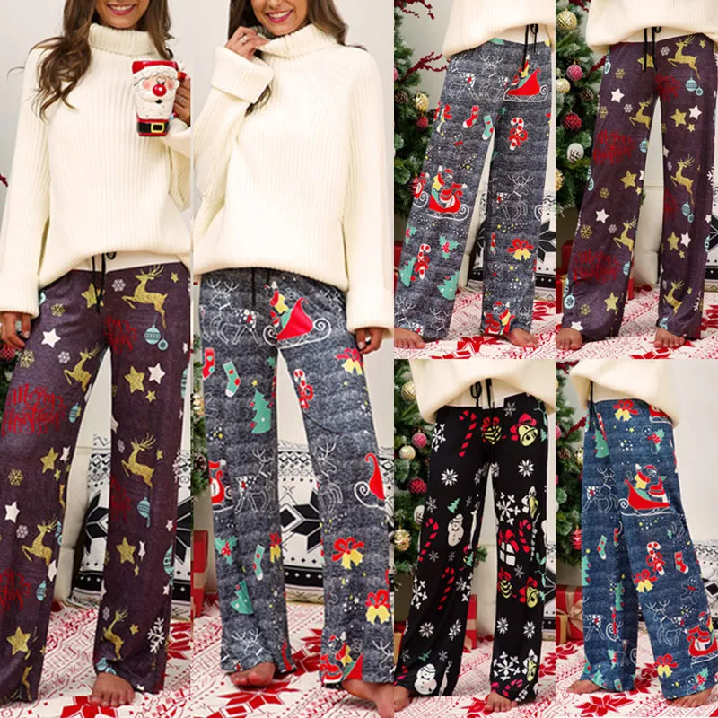 Kerstboom Printerited Deer Bell Patroon Dames Broek Casual Trekkoord Lange Broek Wide Leg Pant Dames Broeken Heet