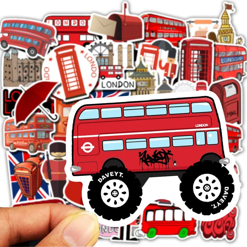 50pcs/Set Waterproof London Red Bus Telephone Booth PVC Stickers For Laptop Motorcycle Skateboard Luggage Decal Toy Sticker