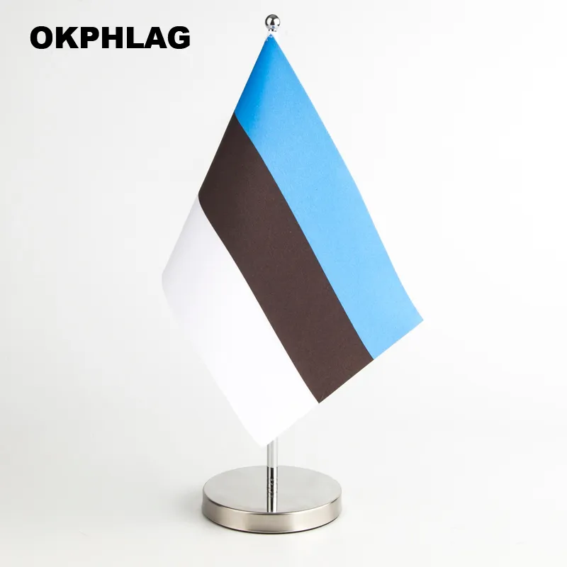 Estonia Table Flag with Silver Flagpole Base Country Desk Banners 14*21CM for Official Meeting