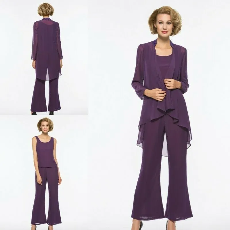 2019 Purple Mother Of The Bride Dresses With Jacket Chiffon Long Sleeve Wedding Guest Dress Pant Suits Plus Size Prom Gowns