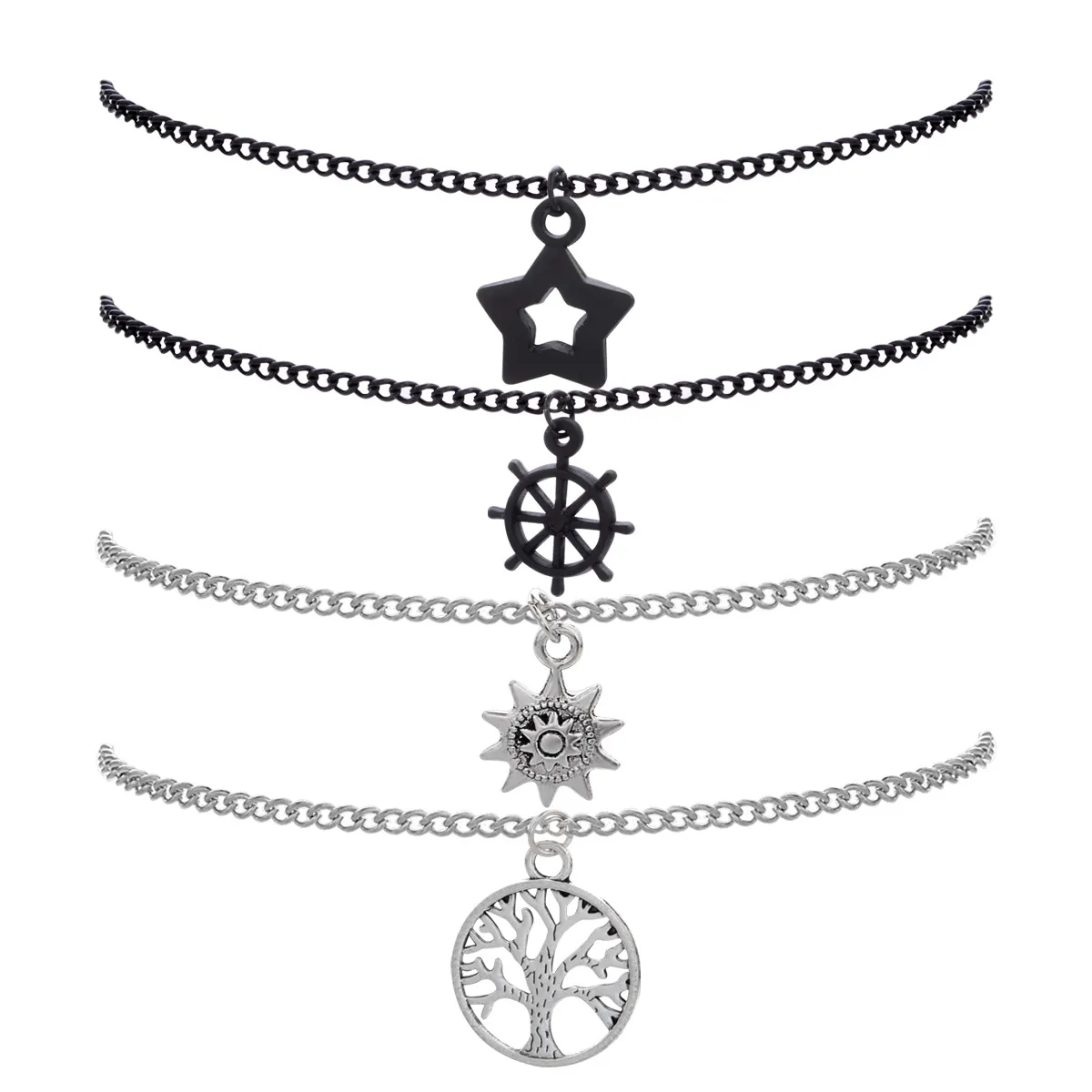 New Trendy Mens Fashion Silver Black Plated Star Strands Life Tree Charm Bracelet 4 PCS/Set