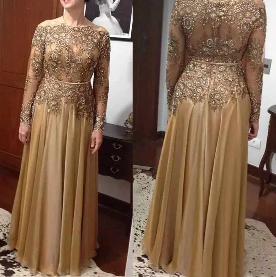 Gold Lace Beaded A Line Groom Mom Wedding Dress Plus Size Chiffon Prom Formal Evening Gown With Long Sleeves From A beautiful dress 125.63 DHgate.Com
