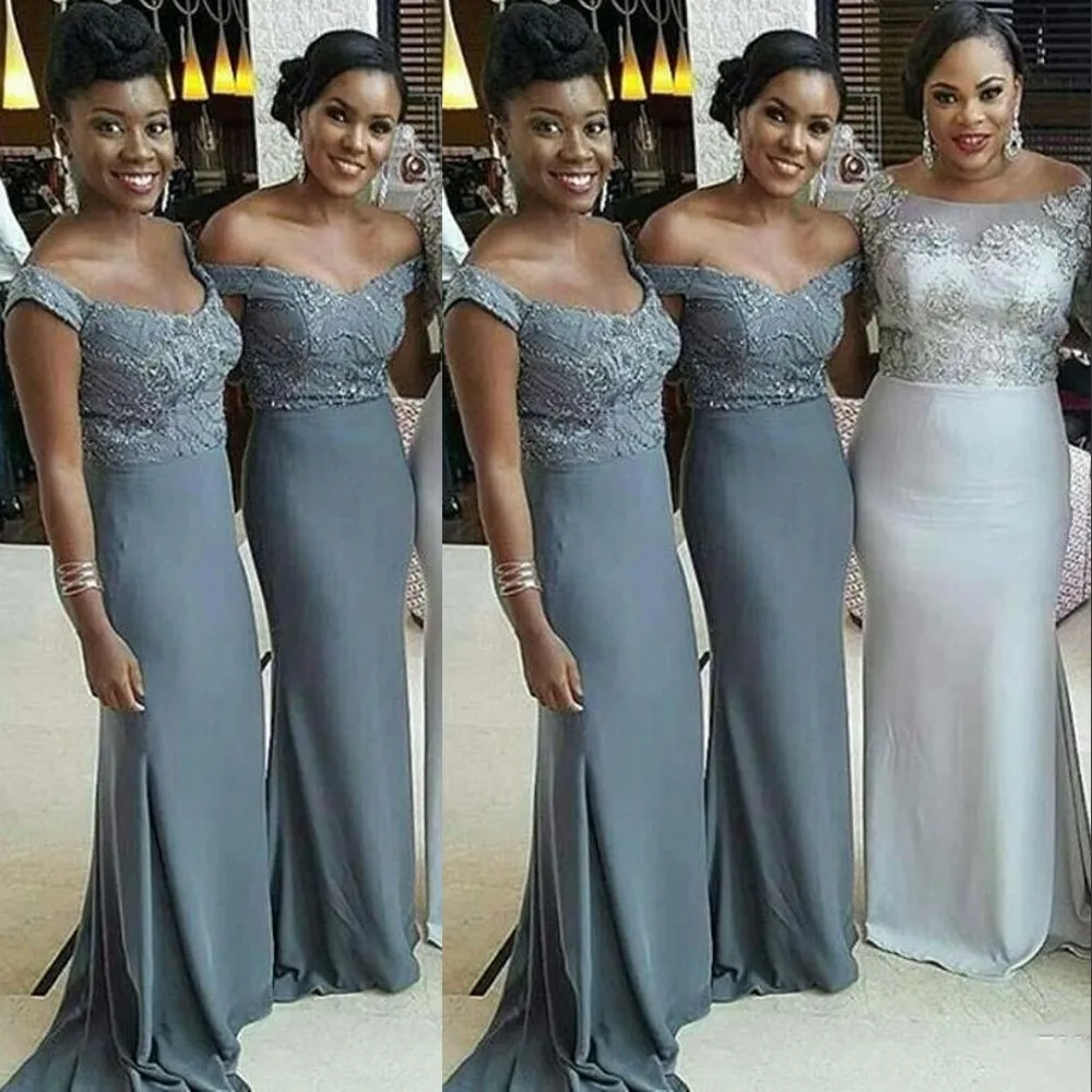회색 싼 새로운 숄더 인어 신부 들러리 드레스 아프리카 레이스 비즈 웨딩 게스트 가운 플러스 크기 정식 하녀의 명예 드레스