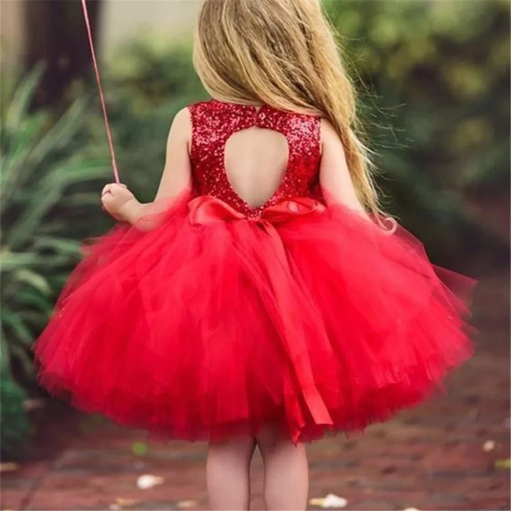 Red Princess Ball Gown Flower Girl Dress With Sparkling Sequins