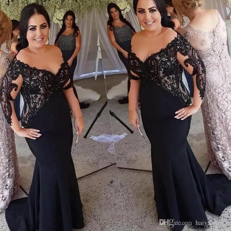 Siyah Mermaid Annesi Gelin Elbiseler Sevgiliye Üst Dantel Aplike Uzun Kollu Saten Vestidos Artı Boyutu Düğün Konuk Bowns