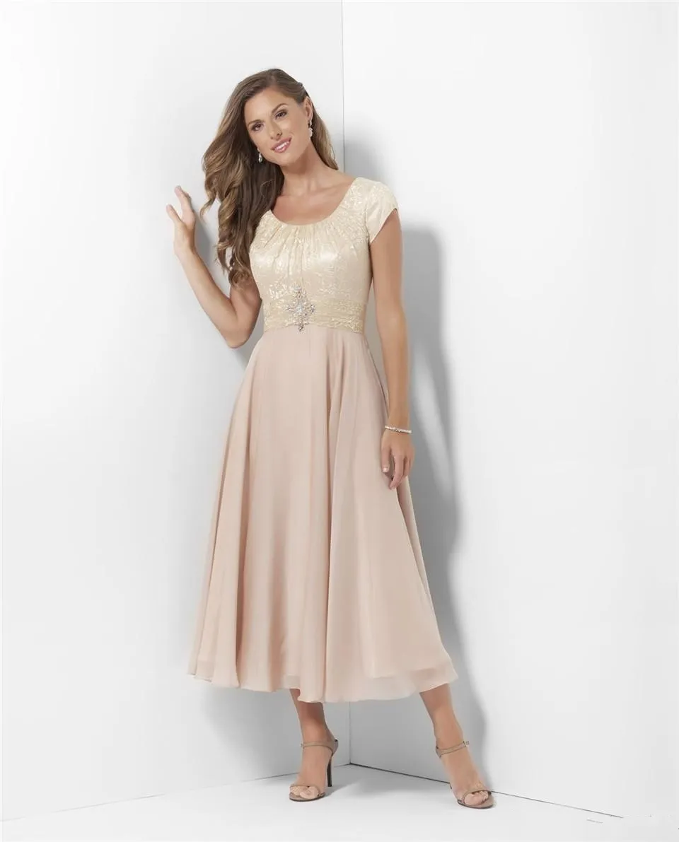 champagne bridesmaid dresses modest Modest Champagne Satin Midi Bridesmaid Dresses