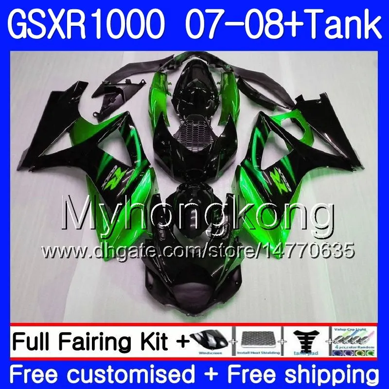 Kit + Tank för SUZUKI GSX R1000 GSXR-1000 GSXR 1000 2007 2008 301HM.59 GSX-R1000 Grön Svart Hot 07 08 Kropp K7 GSXR1000 07 08 Fairing 7Gifts