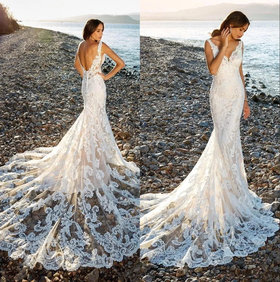 Beach Simple Wedding Dress Mermaid V Neck Cap Sleeve Court Train Lace Bridal Gowns With Appliques