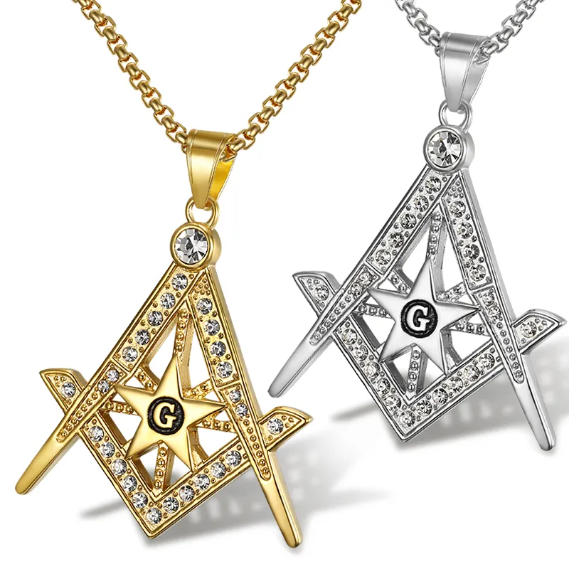 High Quality 316 Stainless Steel Gold Silver Freemason Masonary Masonic Pendant Compass Square Star Necklace Pendant Jewelry With CZ Stones