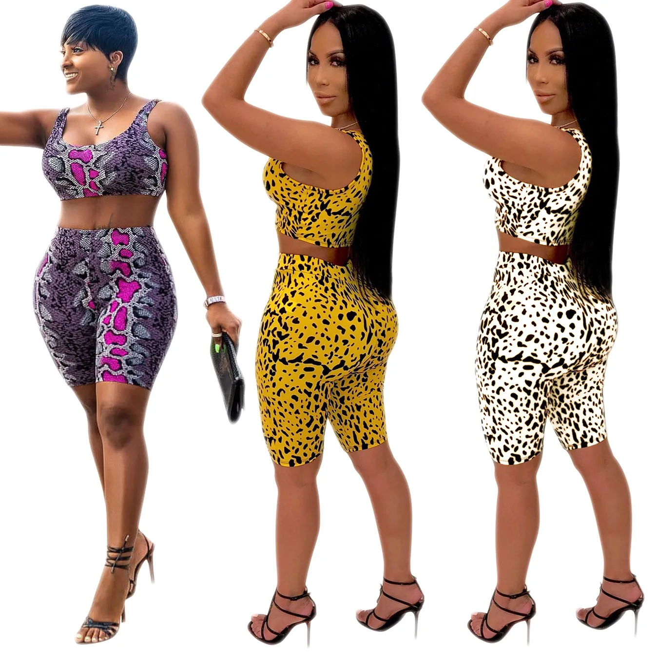 Mulheres Peles Animais Impressão Treinos Python Padrão Leopardo Sem Mangas Colete Shorts Outfits Moda Esportes 2 Peça Set Ternos Ativos