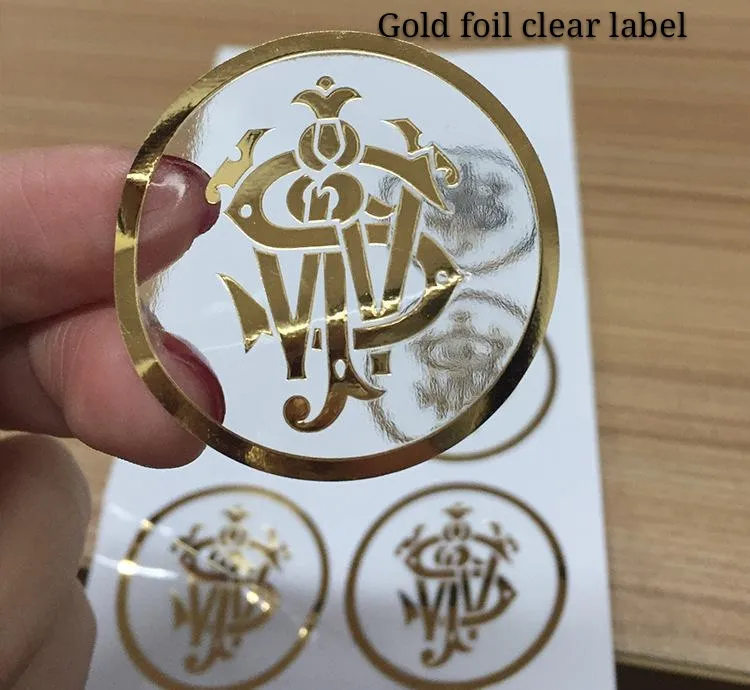 Custom Golden Foil logo Etikett på transparent klistermärke Round Clear varumärke etiketter klistermärken i guldstämpling med högsta kvalitet