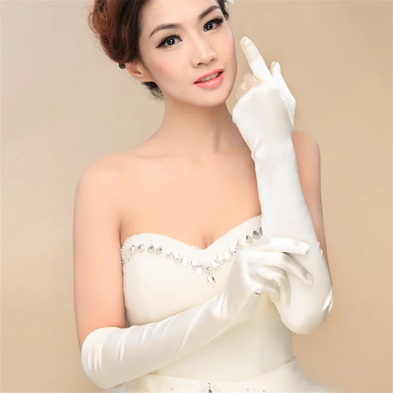 Gants de mariage en satin blanc au-dessus de la longueur du coude gants de mariée à doigts complets femmes gant de mariage de mariée de style long