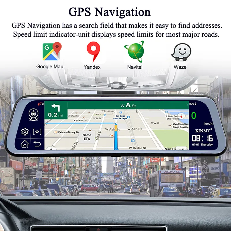 4G ADAS CAR DVR 10 inç Android Wifi Tam Akış Medya Arka Görünüm Ayna 2G+32GB Flash Bellek GPS HD 1080P Araba Çift Lens Video Kaydedici