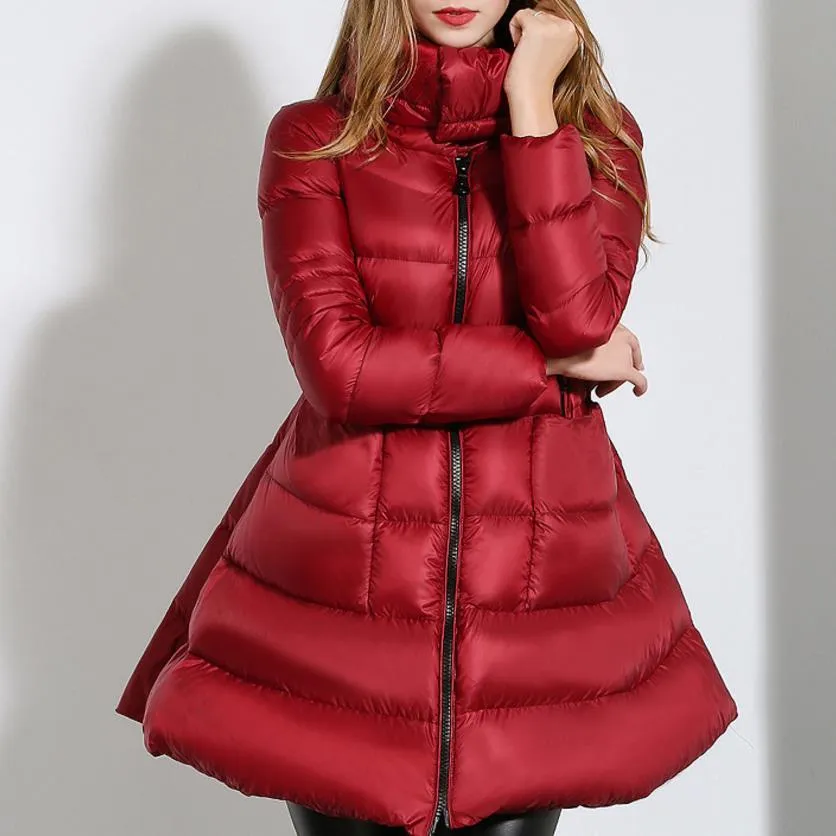 Pleated Skirt Coat Women Winter Down Jackets Warm Long Swing
