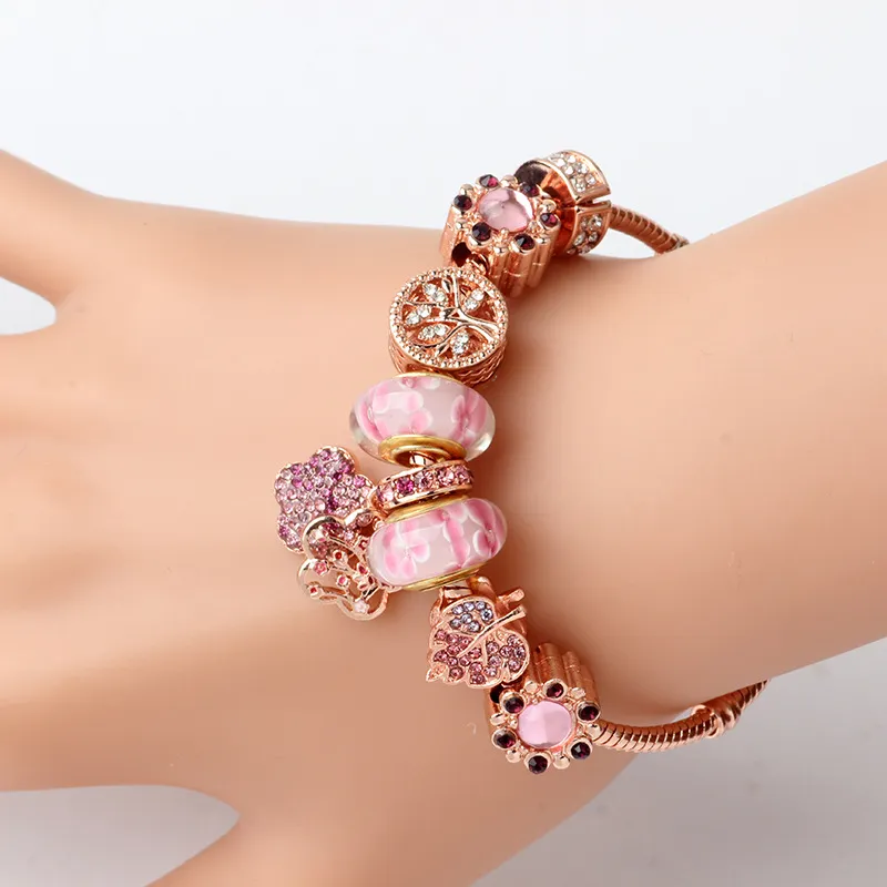 Strands Rose Gold Longo Pêssego Blossom Beads Pulseira DIY Pingente Liga Pulseira Frisada