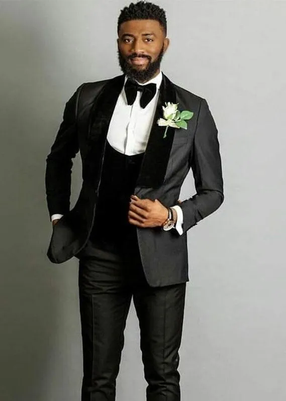 Moda Gray Groom Tuxedos Velvet Szal Lapel Slim Fit Bardegroom Blazer Mężczyźni Garnitury Formalne Prom Party Garnitury (Kurtka + Spodnie + Kamizelka + Kamizelka) 789