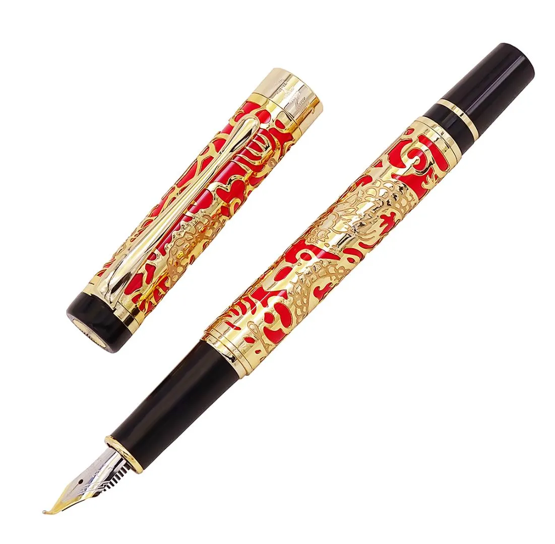 Jinhao 5000 Vintage  Metal Calligraphy Fountain Pen Bent Nib Beautiful Dragon Texture Carving, Golden & Red Office Pen