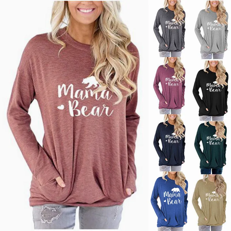 9 colores de alta calidad para mujer Mama Bear letras impresas sueltas cuello redondo manga larga camiseta talla S a 2XL