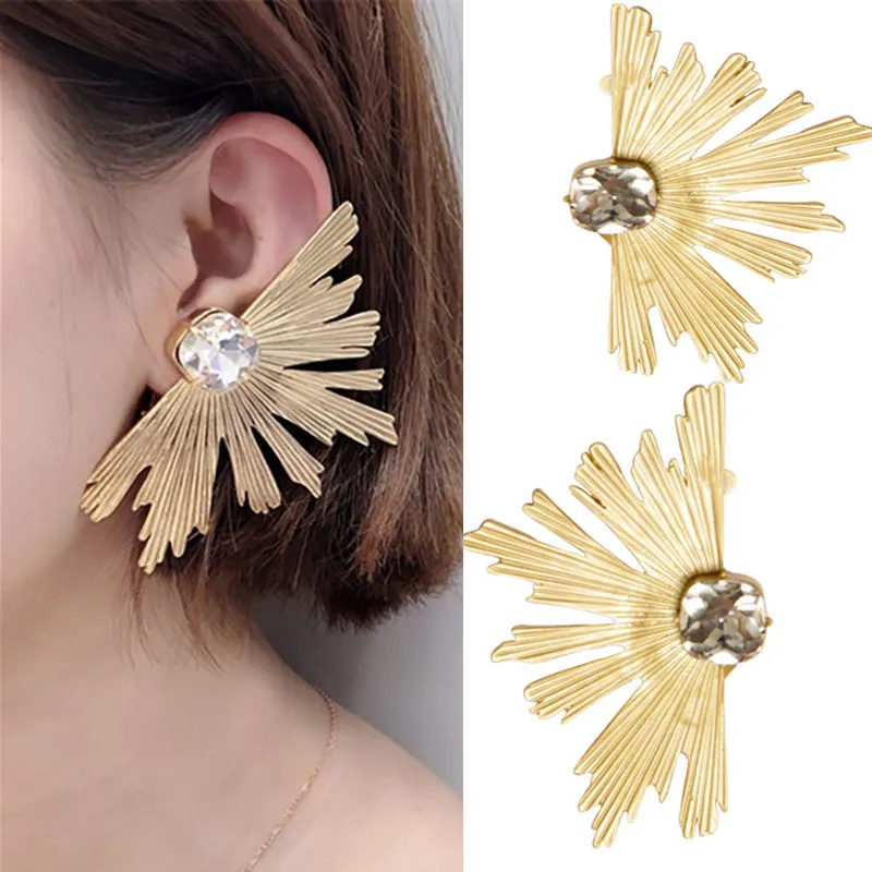 2019 Persönlichkeit Big Fan Blatt Kristall Ohrringe für Frauen Boho Gold Farbe Aussage Ohrringe Ohrring Clip Modeschmuck