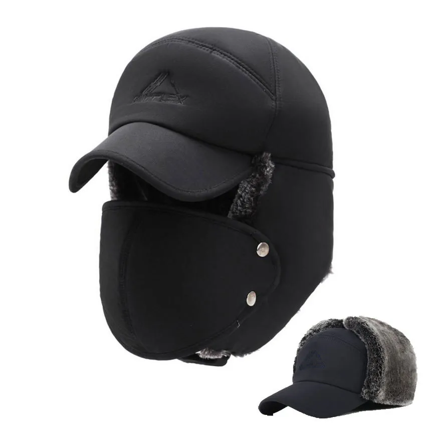 Mens Winter Hats Ear Flaps Bomber Hats med Brim and Face Mask varm hatt för män ryska vattentäta skidmössa manliga tillbehör y20011283o