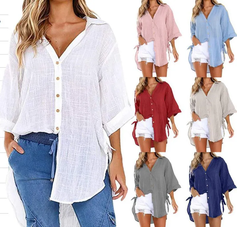 Camisa de moda para mujer Camisas con botones irregulares Dise ador de manga larga Top con cuello en V Habenal Singlets Color s lido Camisas para