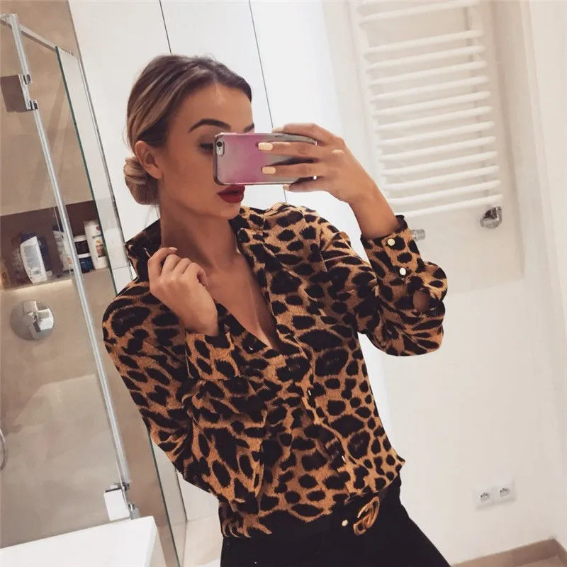 Mode Womens Leopard Print Lange Mouwen Tops en Blouses Losse Shirts V-hals Party Blusas Femininas Elegante Chemise Femme