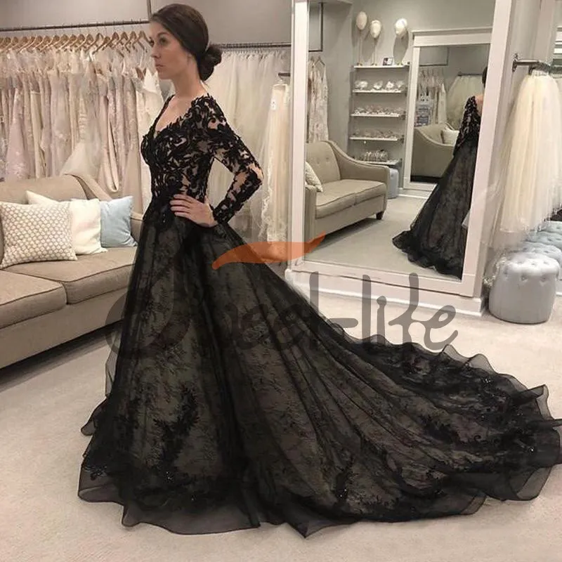 Czarne gotyckie sukienki ślubne koronkowe bez pleców 2020 vintage A linia sukienka ślubna plus size panny młodej 319f