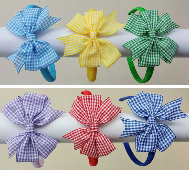 Girl Alice hair hoop gingham bows Hair Bands Covered ribbon Hair Sticks school Plastic plaid Headbands accessories 24pcs FJ3135