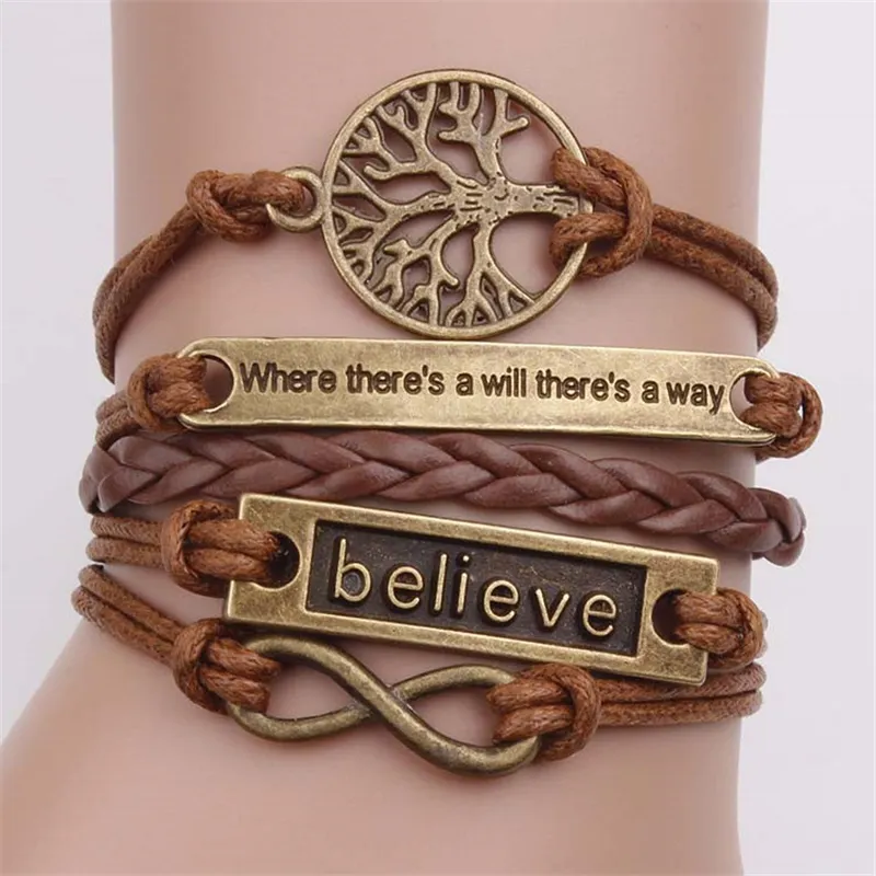 Bronze Life Tree Bracelet Jewelry Women Fashion Vintage Believe Infinity Bracelets for Men New Design Braided Wrap Leather Jewelry Wristband